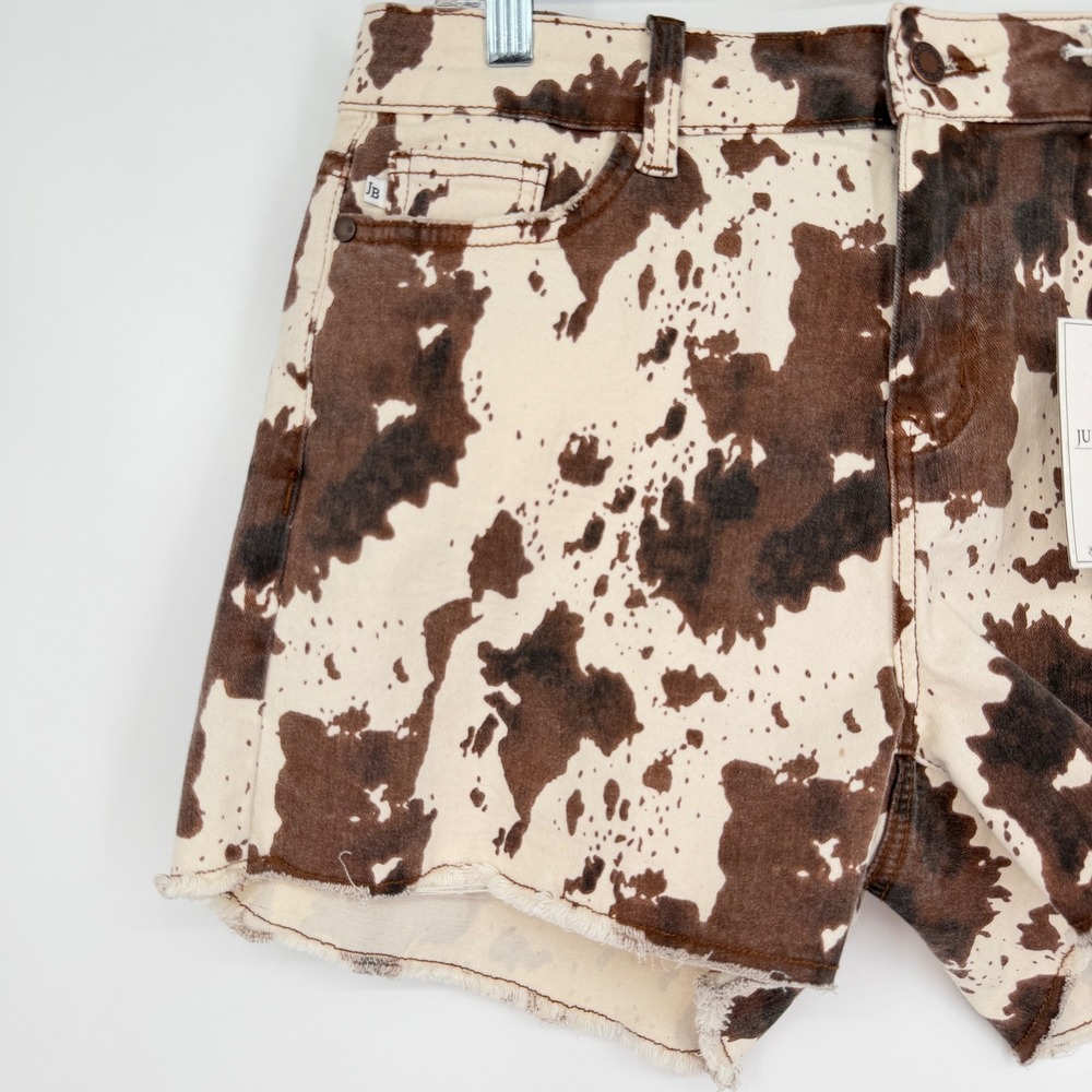 NWT Judy Blue Denim Shorts Brown Cream Cow Print High Waist Cutoff Raw Hem XL - Picture 7 of 14